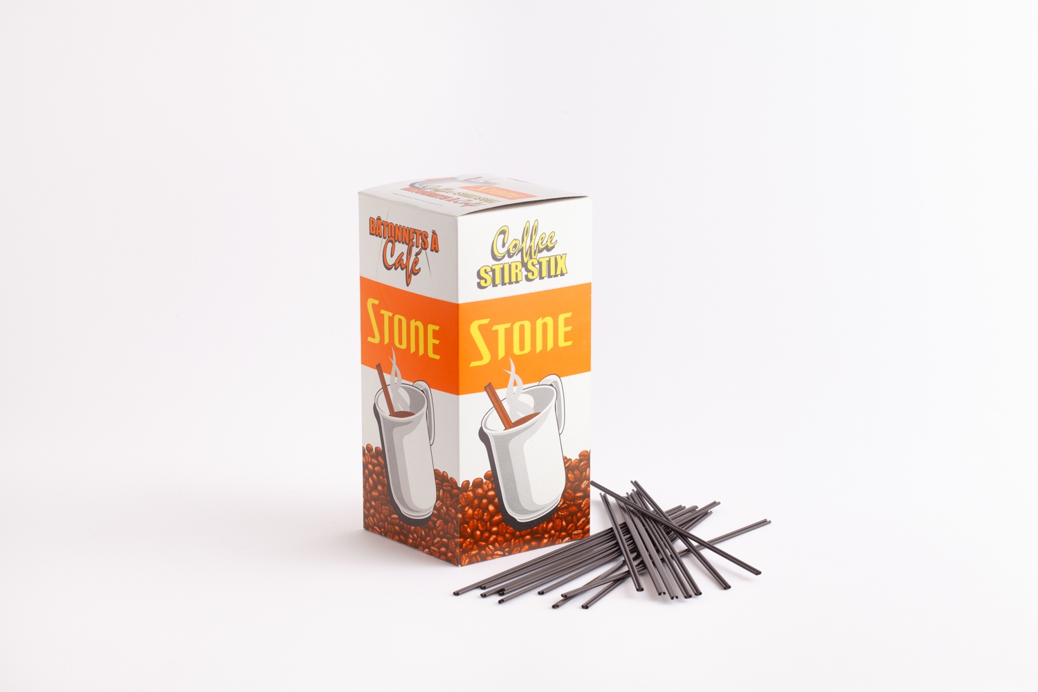 isolated product shot - stone coffee stirrer box and stirrers