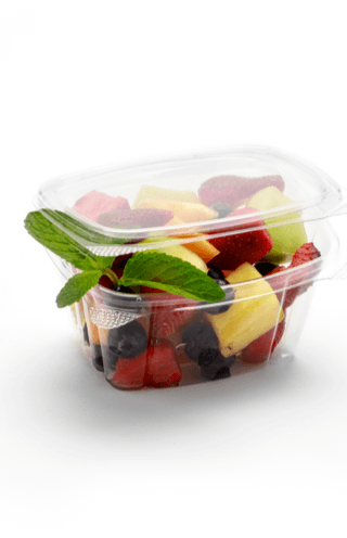 clear hinge container, open with fruit in cup