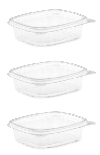 3 clear hinge containers for food, empty and lids closed