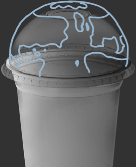 clear drinking cup with hand-drawn illustration of globe as lid