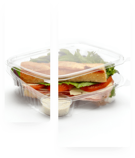 isolated clear food package container with sandwich inside